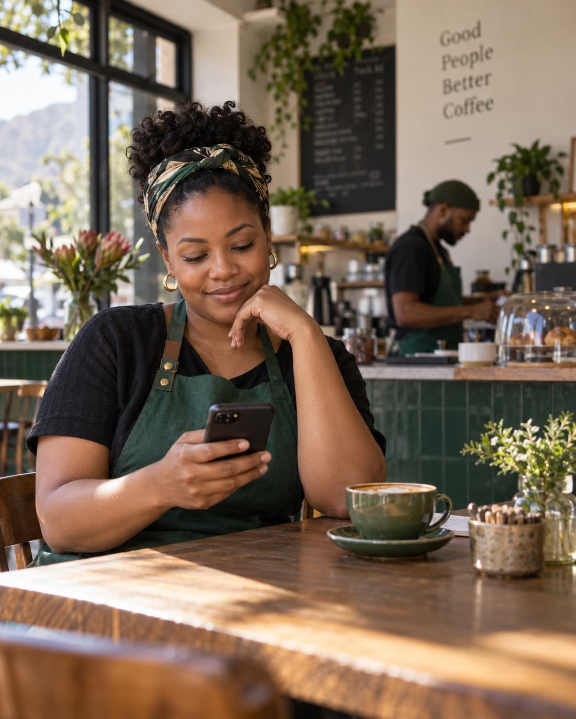 Illustrative café owner checking her phone while her team works nearby.
