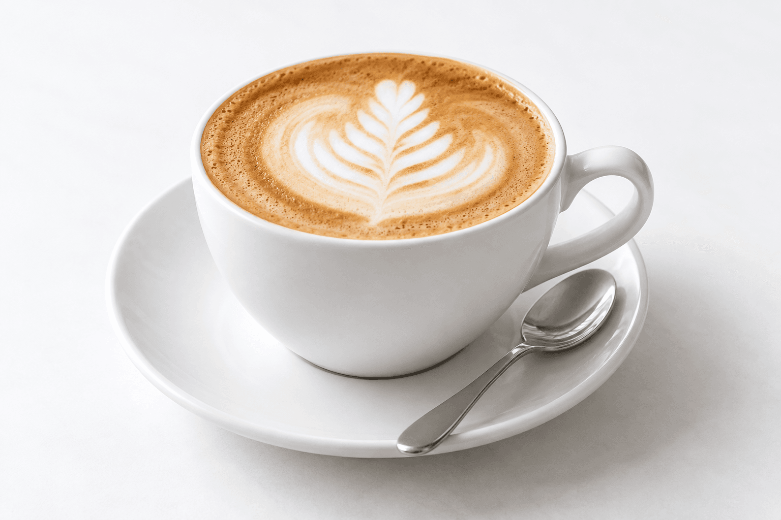 Illustrative still life of a cappuccino in a white ceramic cup and saucer, an example of a business reward.